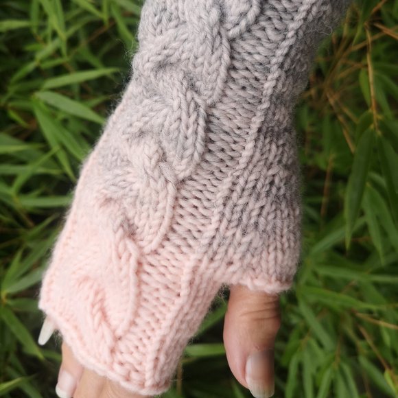 Hand Crafted Accessories - Handmade in Canda Knitted Fingerless Texting Gloves Wool Blend Pink Grey Gift